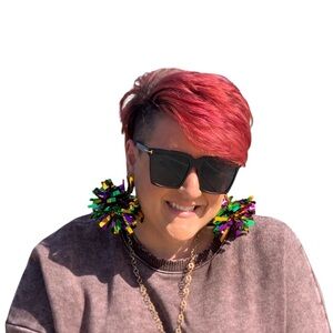 Mardi Gras Pom Pom Dangle Earrings Green Purple Gold